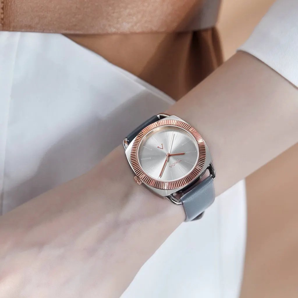 Trnda Women's Stainless Steel Gray Leather Watch, Silver Dial | Trn-W35.8 by TRNDA