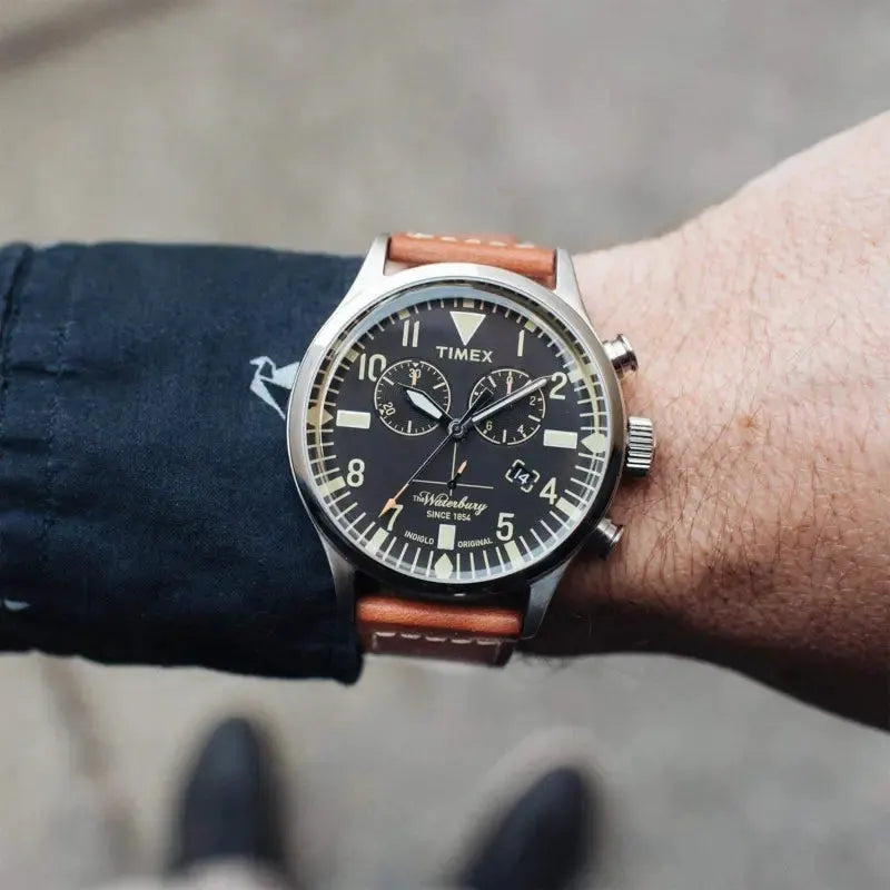 Timex Men's Brown Leather Watch, Black Dial | Tw2p84300 by TIMEX