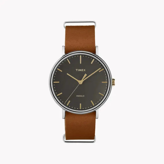 Timex Men's Brass Watch, Black Dial, Brown Leather Strap | Tw2p97900 by TIMEX