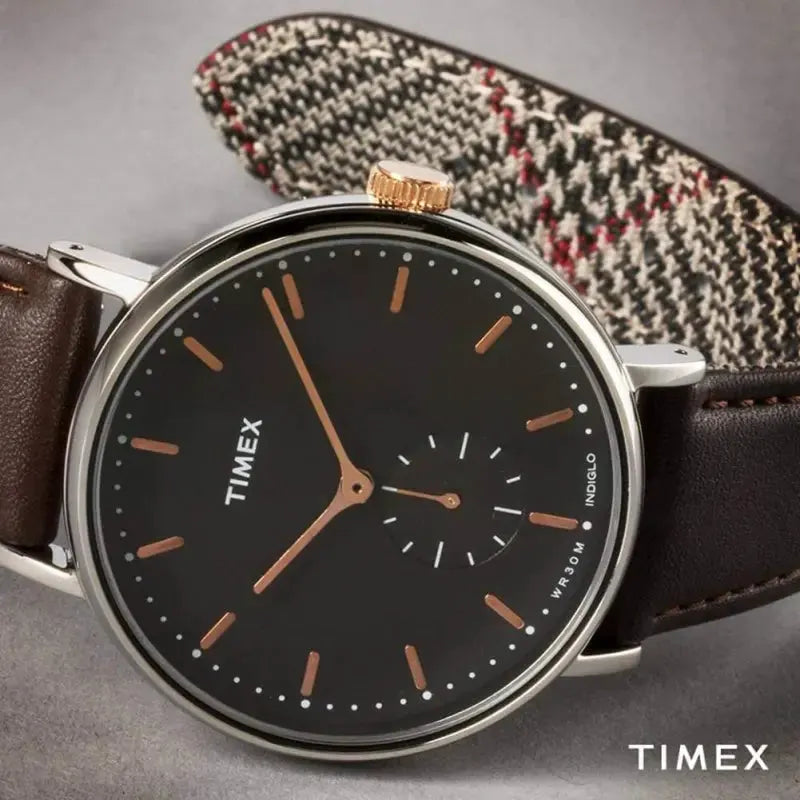 Timex Men's Brown Leather Watch, Black Dial | Tw2r38100 by TIMEX