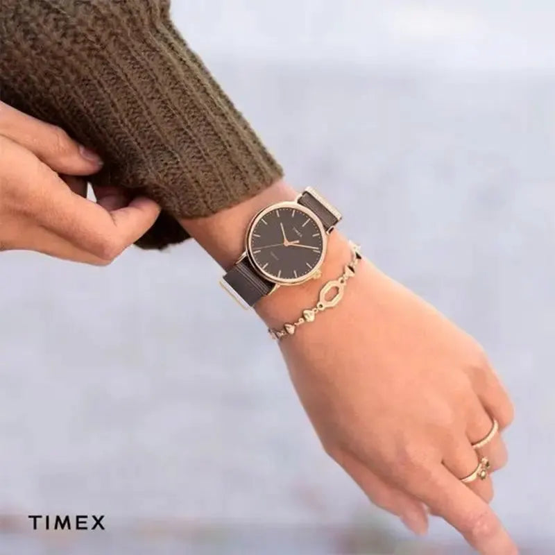 Timex Women's Black Fabric Watch, Brass Gold Case | Tw2r49200 by TIMEX