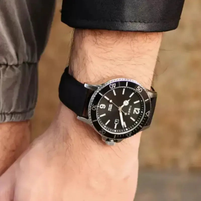Timex Men's Brass Black Leather Watch, Black Dial | Tw2r64400 by TIMEX
