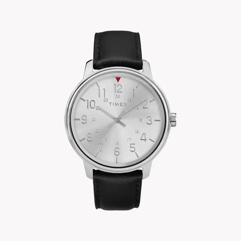 Timex Men's Black Leather Watch, Silver Dial | Tw2r85300 by TIMEX