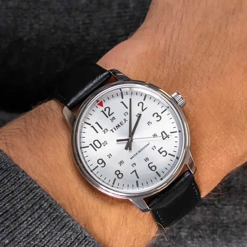 Timex Men's Black Leather Watch, Silver Dial | Tw2r85300 by TIMEX