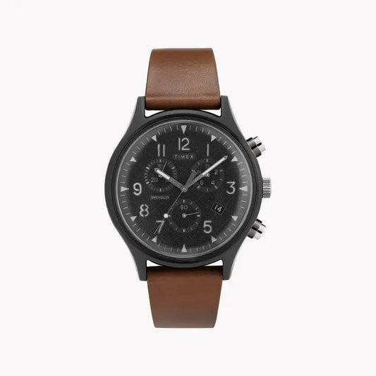 Timex Men's Brown Leather Watch, Black Dial | Tw2t29600 by TIMEX