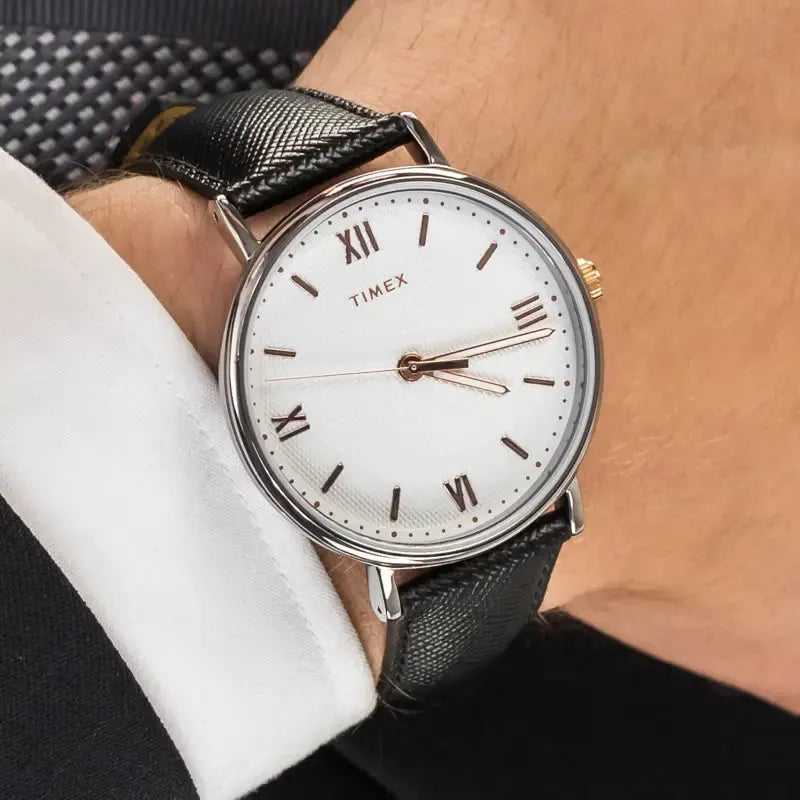 Timex Men's Brass Watch, White Dial, Black Leather Strap | Tw2t34700 by TIMEX