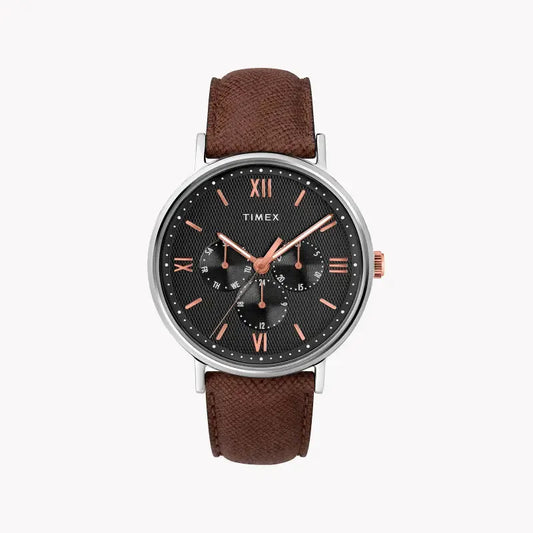 Timex Men's Brown Leather Watch, Black Dial | Tw2t35000 by TIMEX