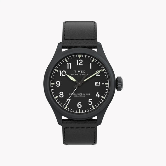 Waterbury ACE SST Black Dial Black Leather Strap Watch TW2Y18900 by TIMEX