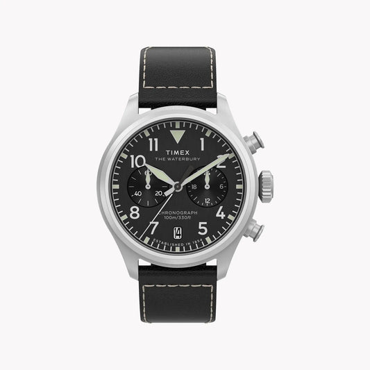 Waterbury Ace Chronograph SST Silver Dial Brown Leather Strap | TW2Y19000 by TIMEX