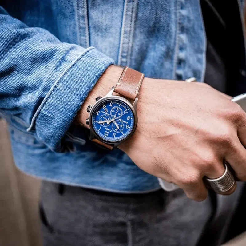 Timex Men's Brass Watch, Blue Dial, Brown Leather Strap | Tw4b09000 by TIMEX