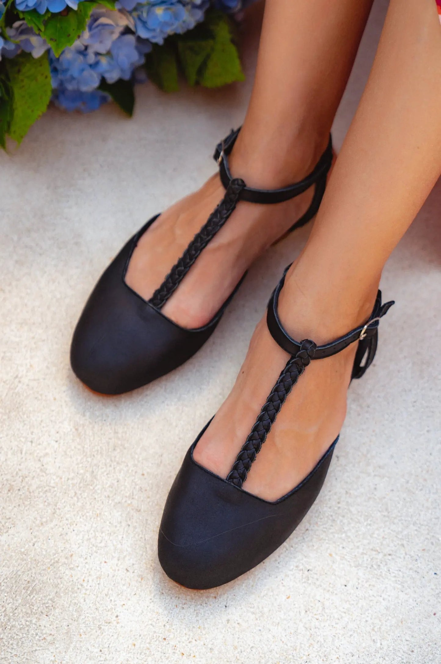 Tresser Braided T-Strap Leather Flats (Sz. 10) by ELF