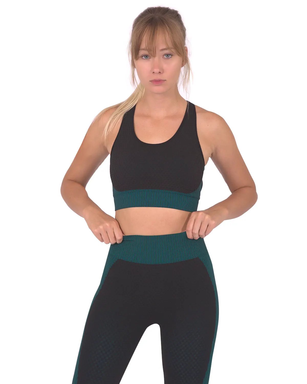 Trois Seamless Sports Bra - Black With Teal Blue by Savoy Active