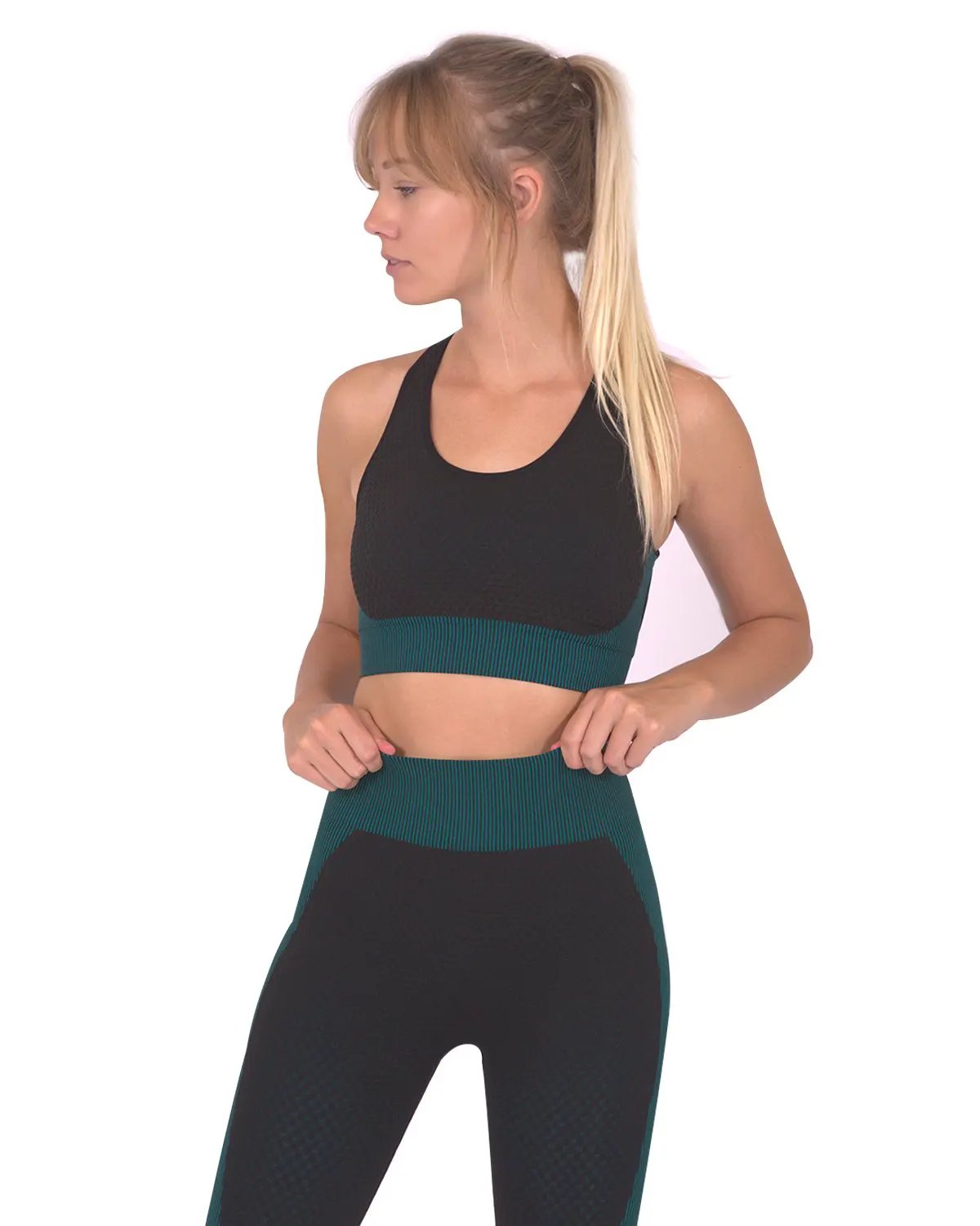 Trois Seamless Sports Bra - Black With Teal Blue by Savoy Active