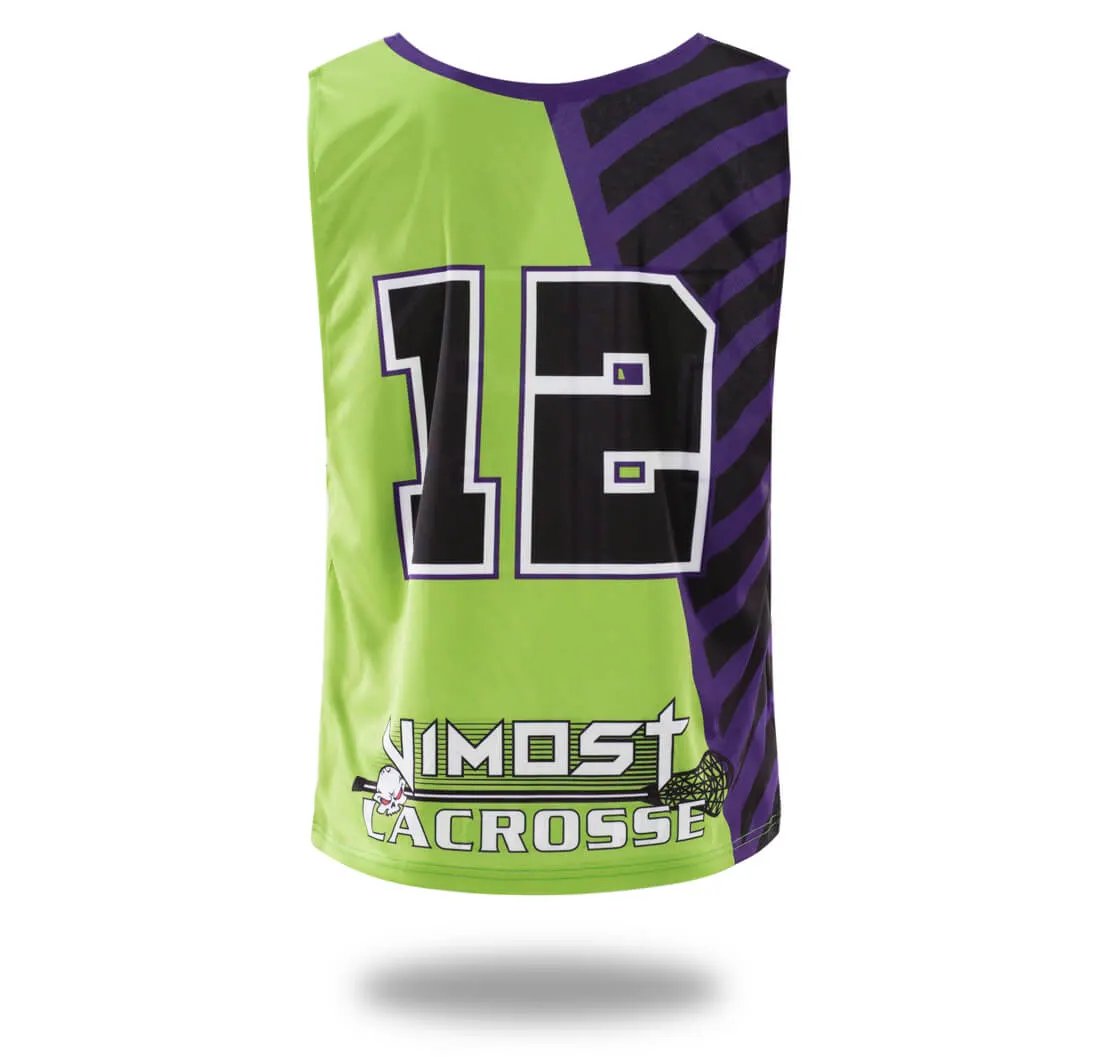 Custom White Green Lacrosse Pinnies and Shorts by Vimost Sportswear