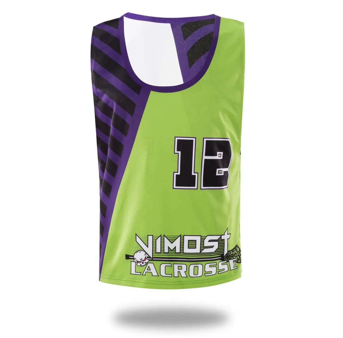 Custom White Green Lacrosse Pinnies and Shorts by Vimost Sportswear