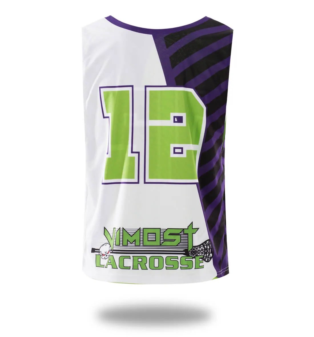 Custom White Green Lacrosse Pinnies and Shorts by Vimost Sportswear