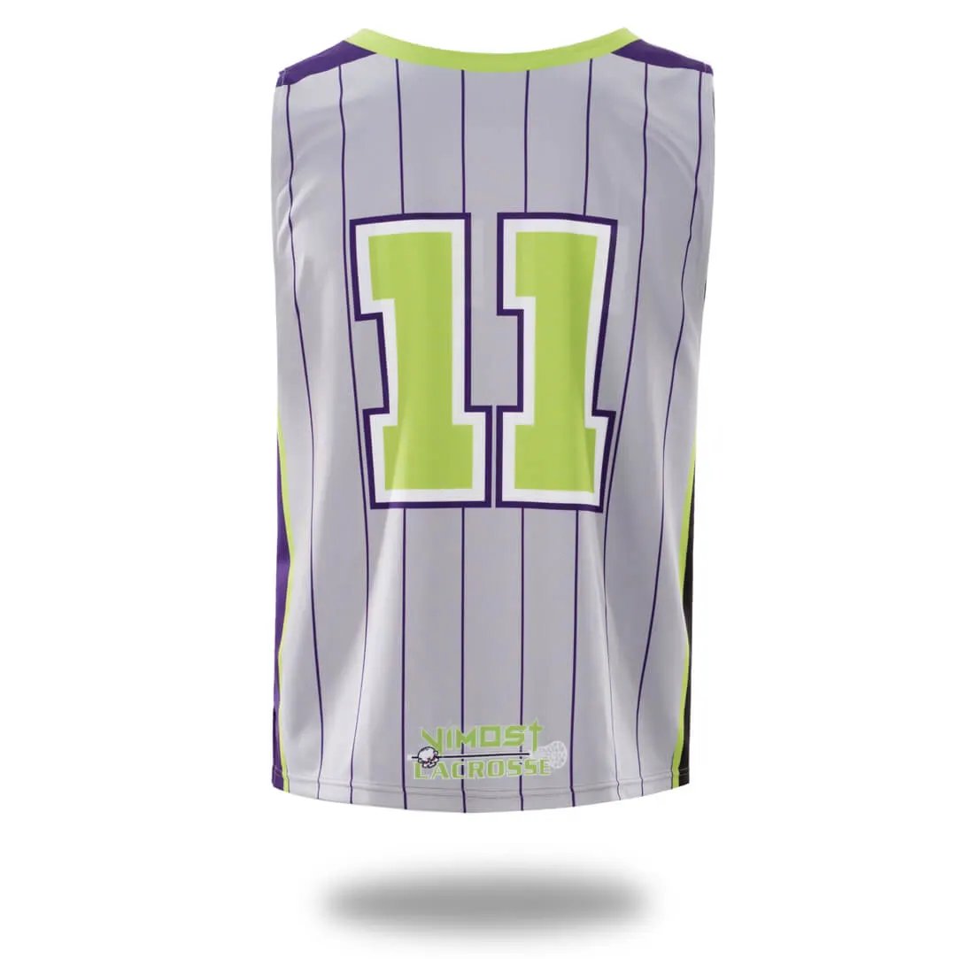 Custom Purple White Lacrosse Pinnies and Shorts by Vimost Sportswear