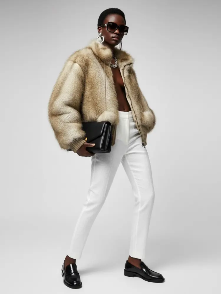 Women's Statement Faux Fur Bomber Jacket BEIGE - DYKER HEIGHTS: New Collection COUTURE in BROOKLYN - BYMANYC ® New York by BYMANYC ® New York