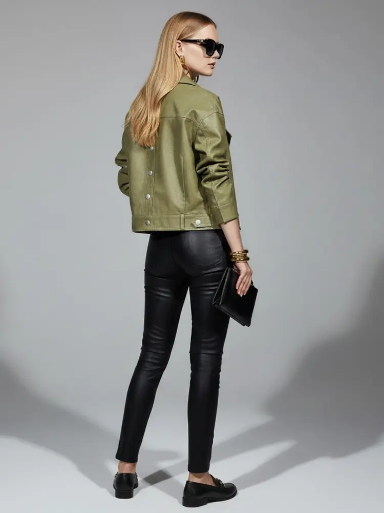 Women's Vegan Leather Biker Jacket OLIVE GREENWICH COUTURE BYMANYC ® New York by BYMANYC ® New York