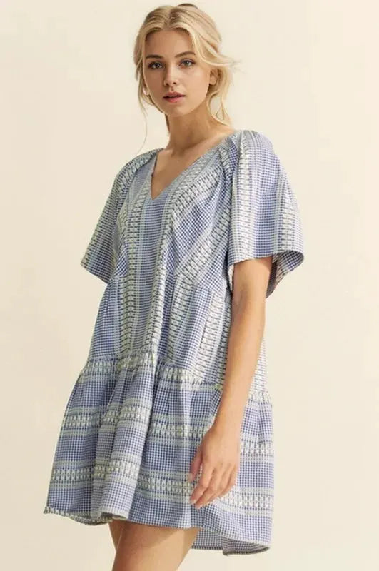 Davi & Dani Embroidered Stripe Ruffled Gingham Mini Dress by Davi & Dani