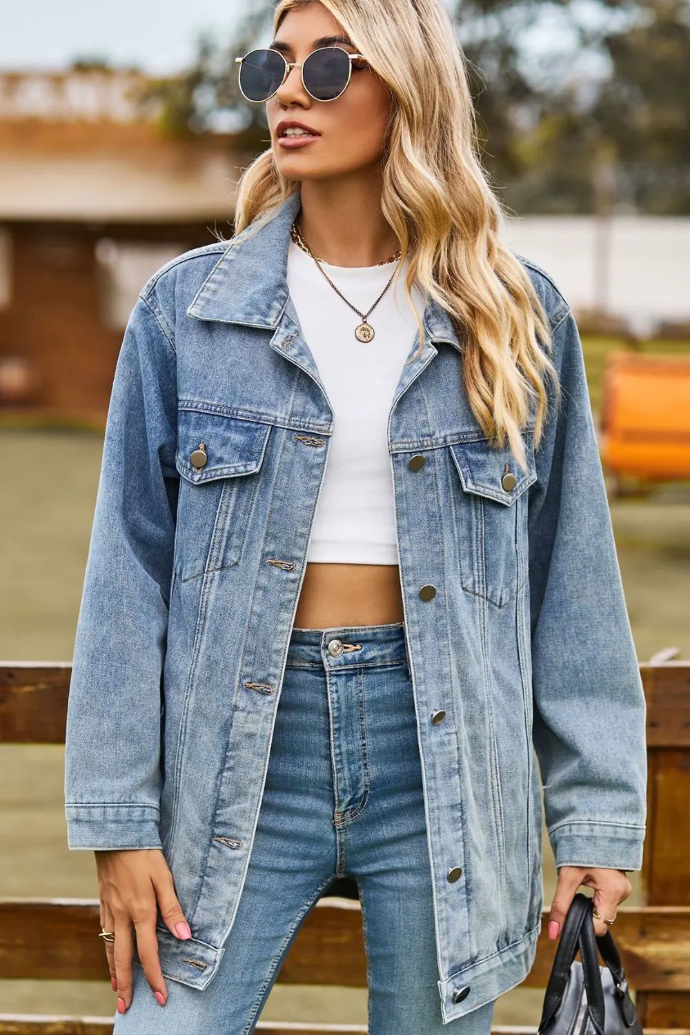 Buttoned Collared Neck Denim Jacket with Pockets by Partner Label