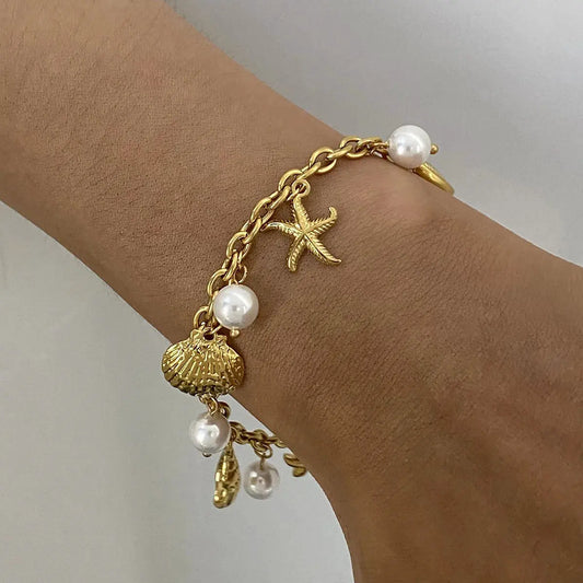 Ocean Theme Stainless Steel Chain Bracelet with Seashell and Starfish Pendants by Partner Label