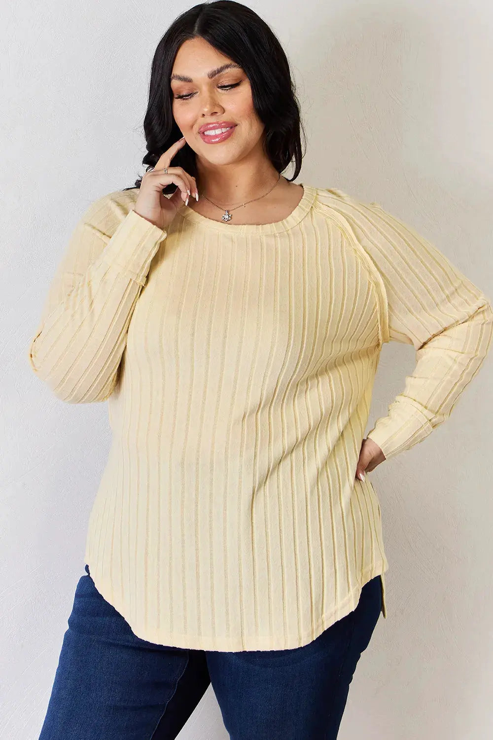 Basic Bae Full Size Ribbed Round Neck Slit T‑Shirt | Partner Labels Selection by Partner Label