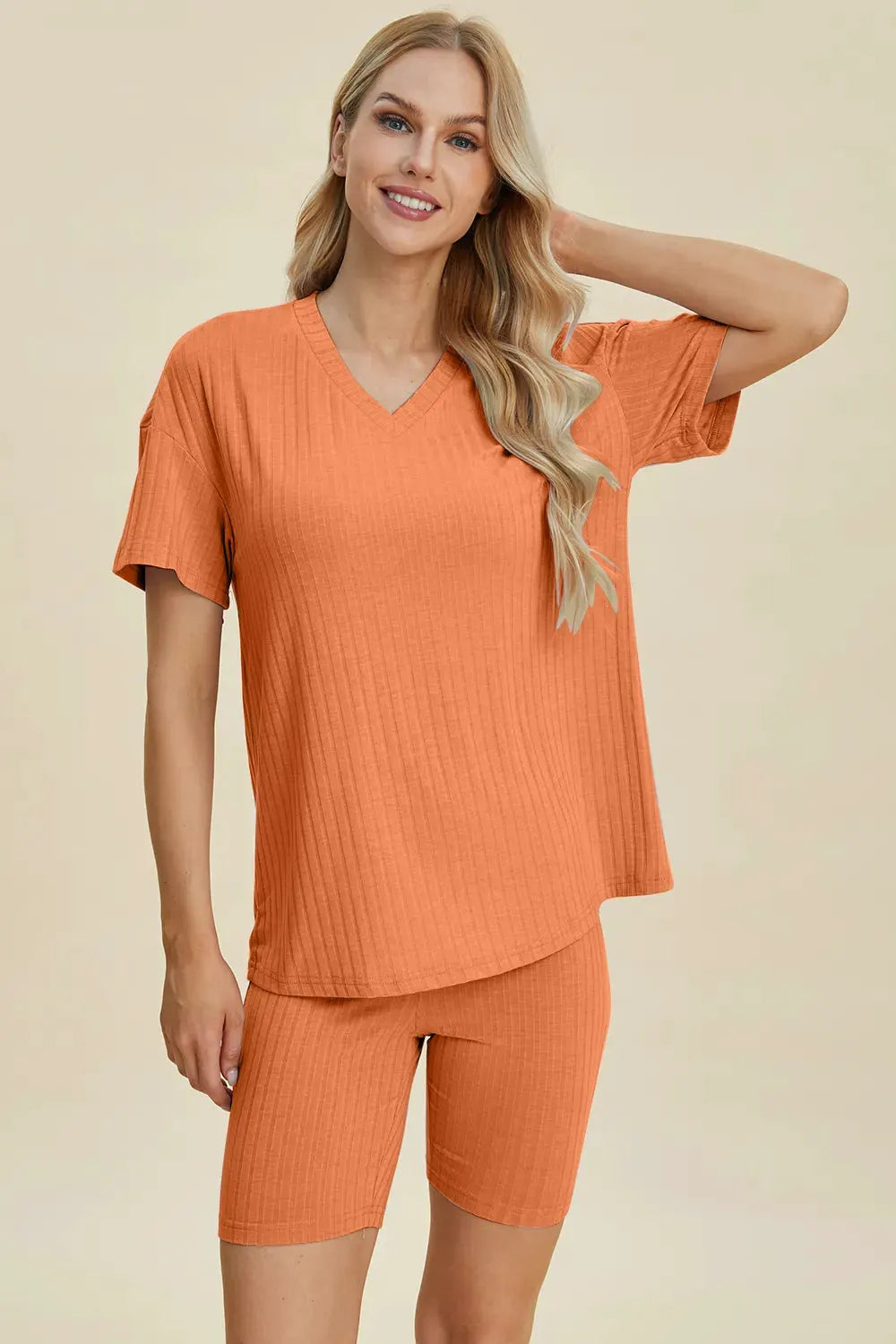 Basic Bae Full Size Ribbed V-Neck Short Sleeve Top and Shorts Set by Basic Bae