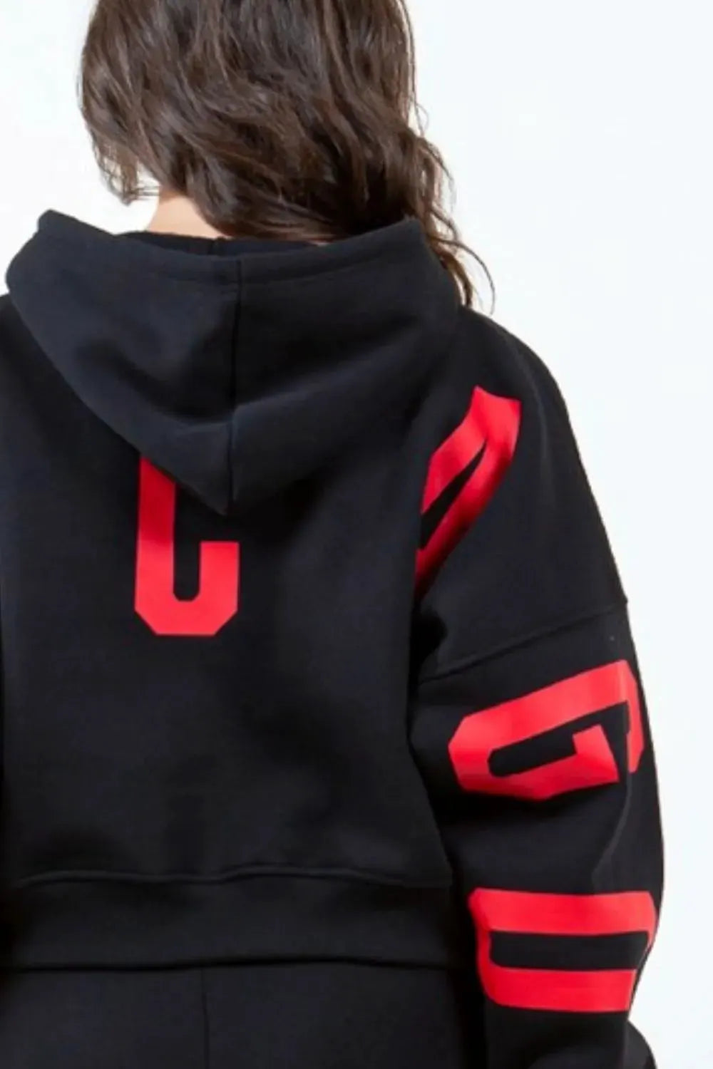 American Bazi Letter Graphic Long Sleeve Drawstring Cropped Hoodie by American Bazi