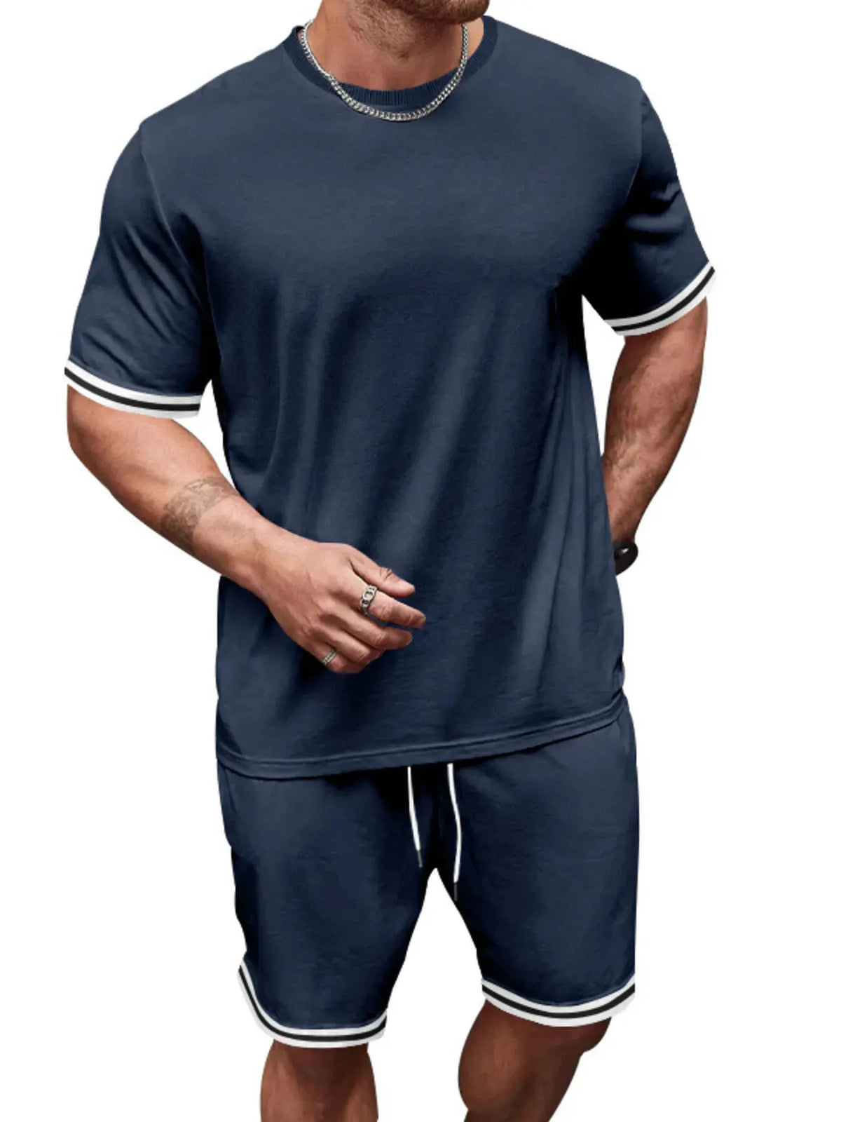 Men's Full Size Striped Short Sleeve Tee and Shorts Set Plus Size by Trendsi