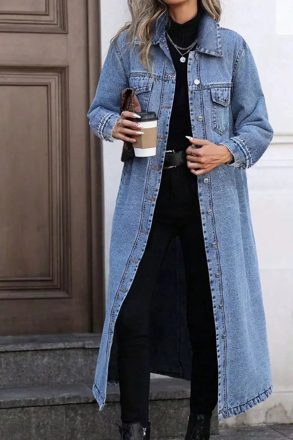 Longline Button-Down Denim Jacket by Partner Label