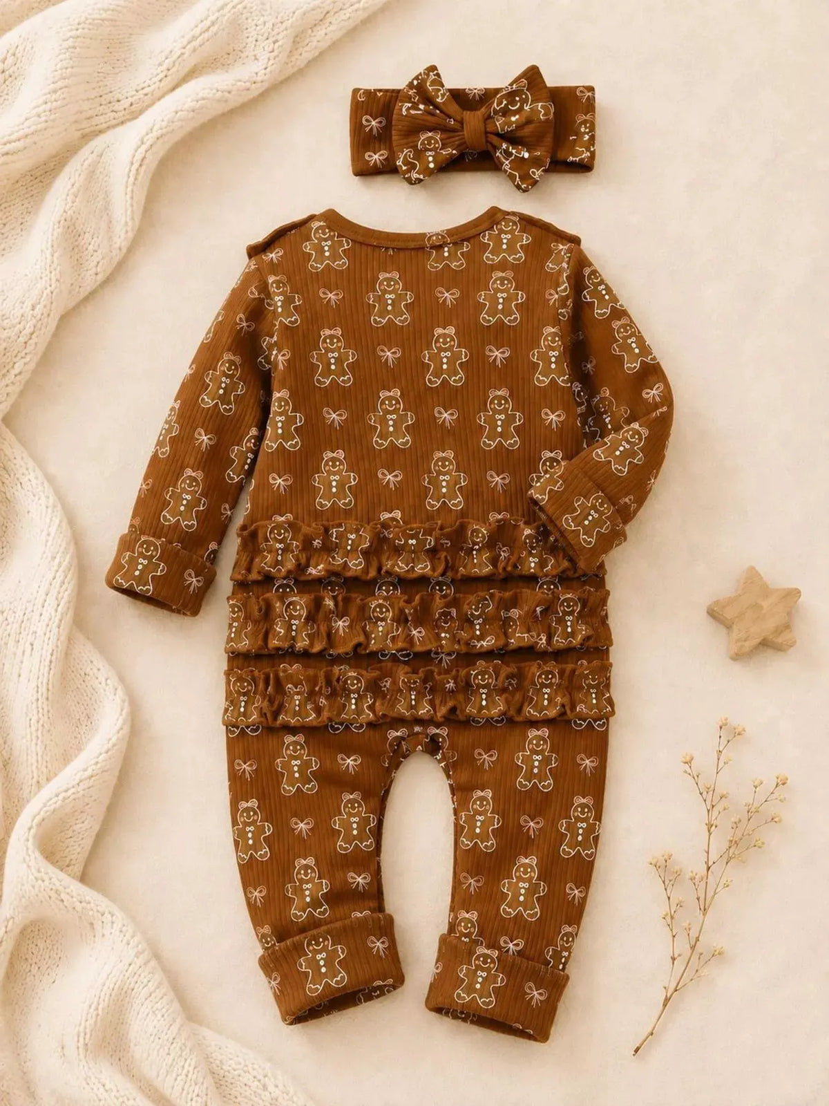 Children's Gingerbread Print Jumpsuit with Headband by Trendsi