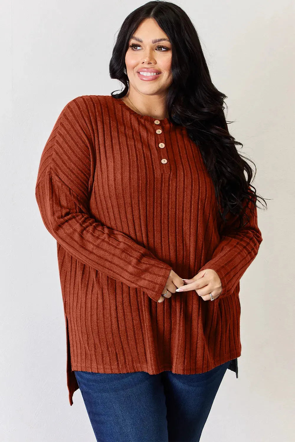Basic Bae Full Size Ribbed Half Button Long Sleeve High-Low T-Shirt by Basic Bae