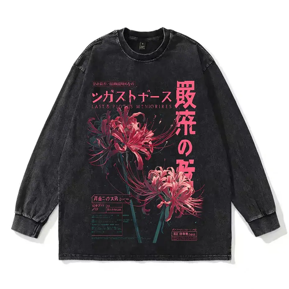 Anime Washed Spider Lily Graphic T Shirt Men Streetwear by Vimost Shop