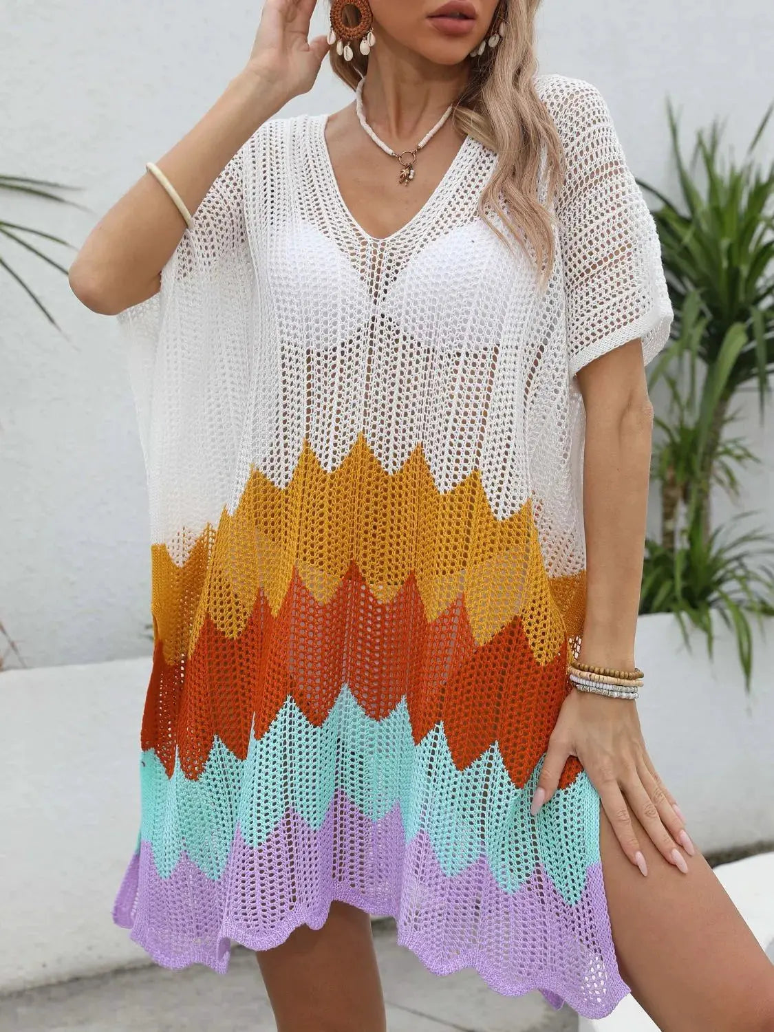 Openwork V-Neck Half Sleeve Cover-Up by Partner Labels