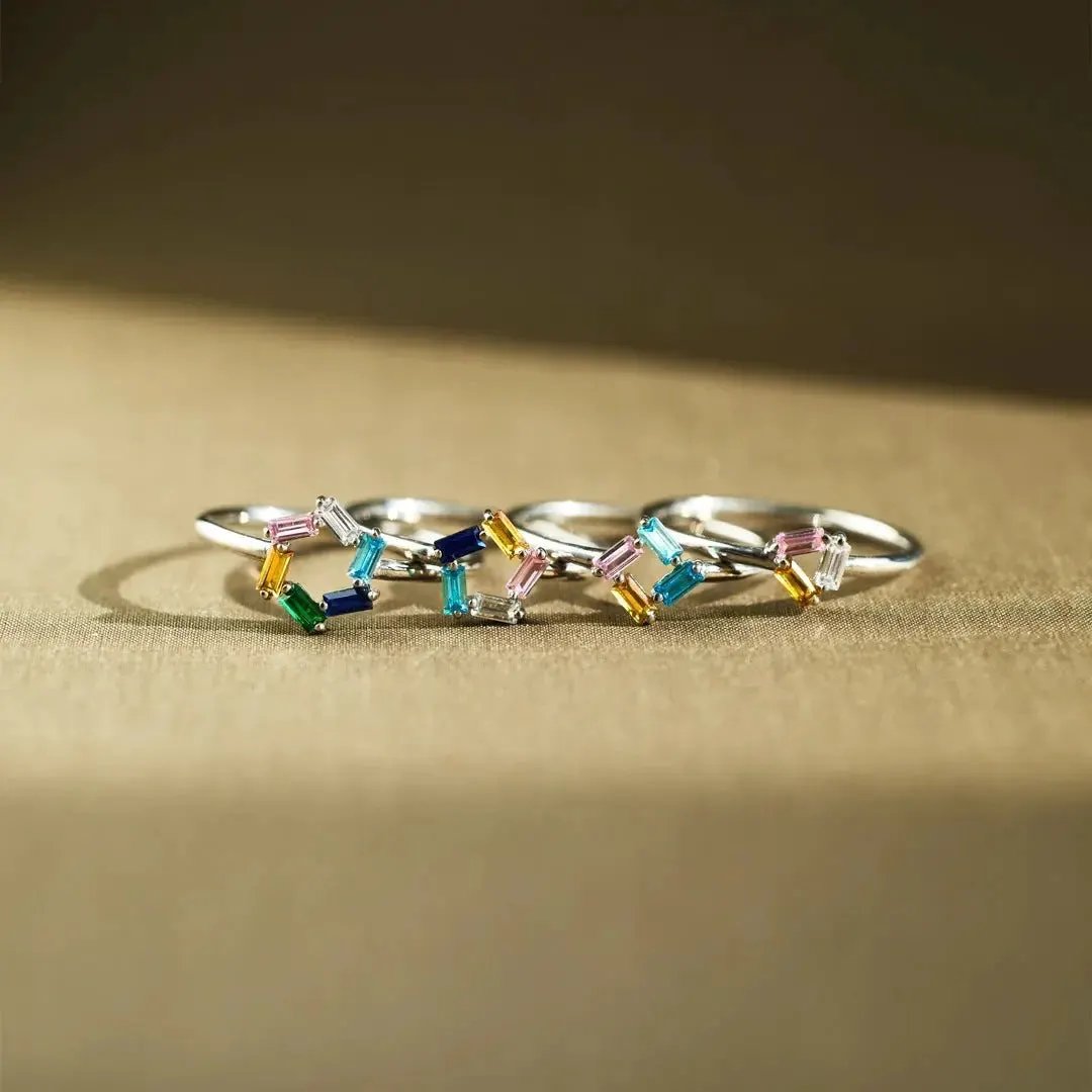925 Rectangular Birthstone Ring Female Simple Fashion 3-6 Diamond Color Optional Customization by Maiden-Art
