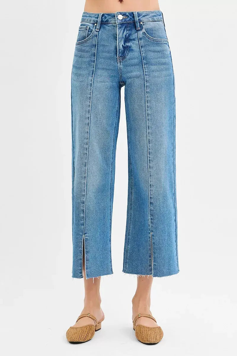 RISEN Tummy Control Mid Rise Crop Wide Front Slit Jeans by RISEN