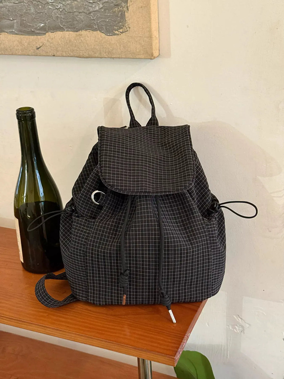 Plaid Drawstring Closure Backpack Bag by Partner Label
