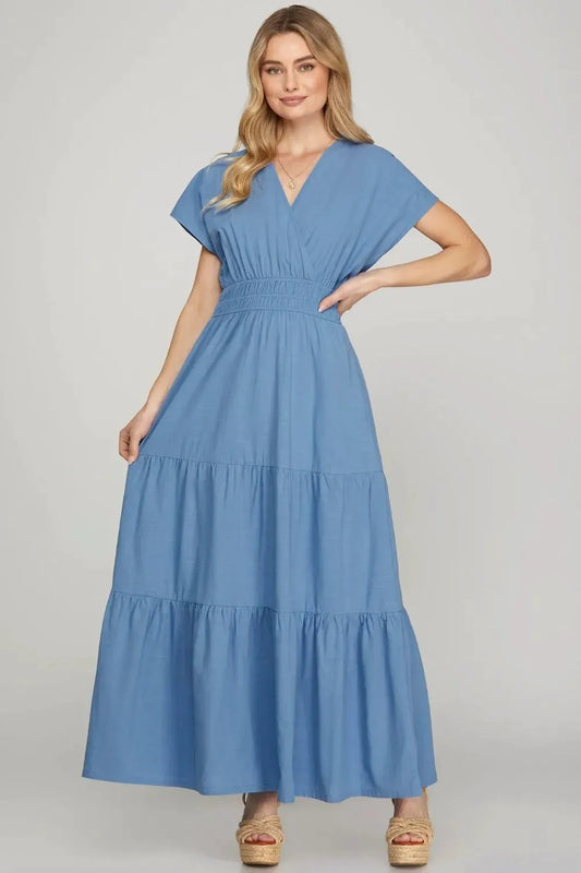 She + Sky Surplice Short Sleeve Tiered Maxi Dress With Pockets by She + Sky