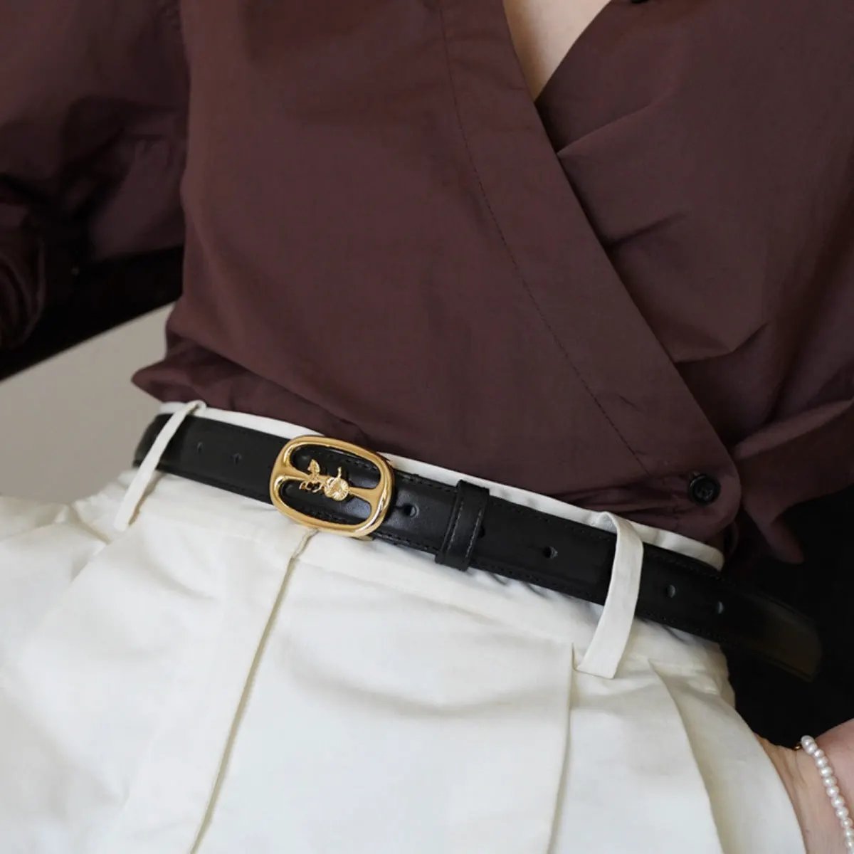 Leather Belt with Horse Carriage Buckle by Trendsi