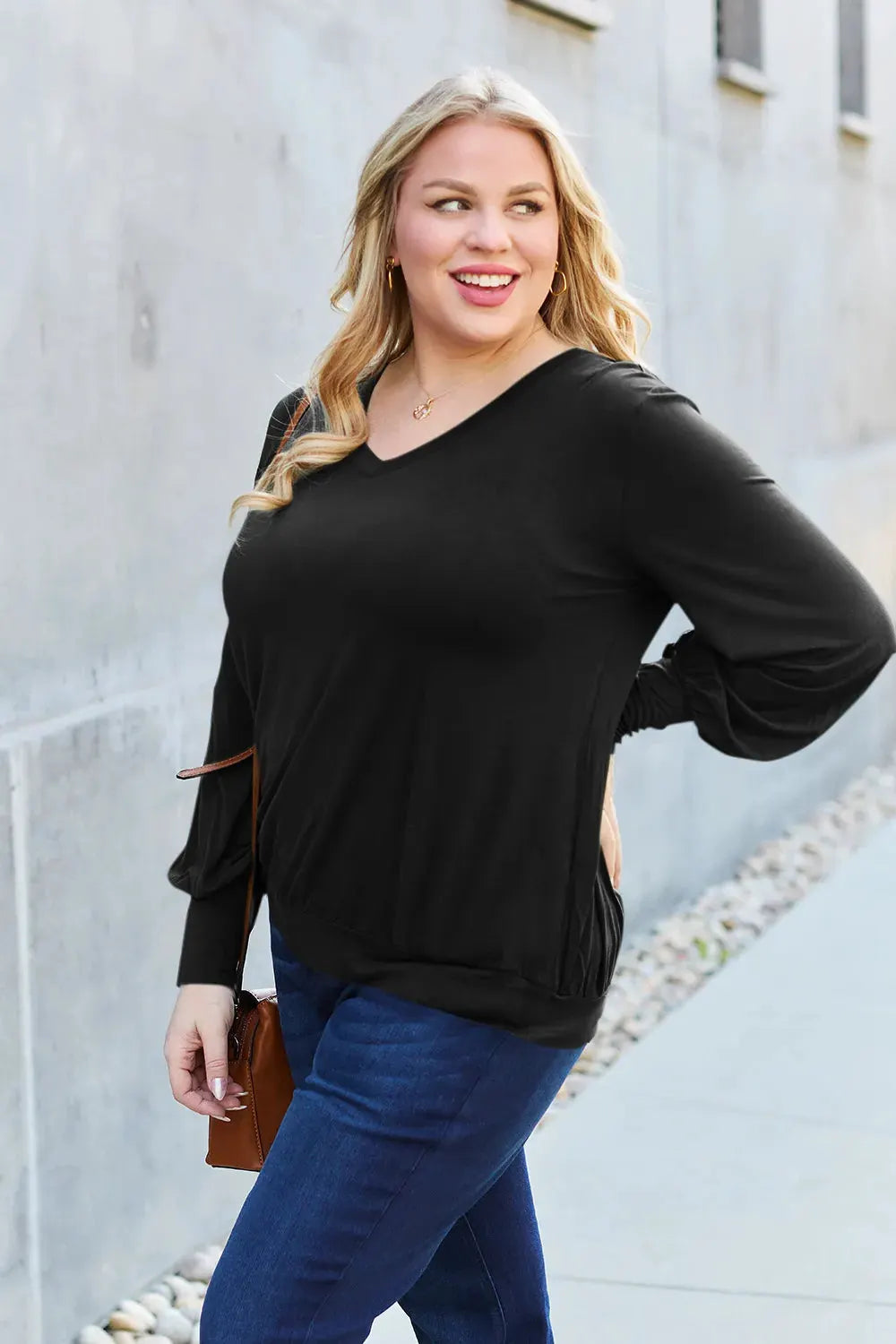 Basic Bae Full Size V-Neck Lantern Sleeve Top by Basic Bae
