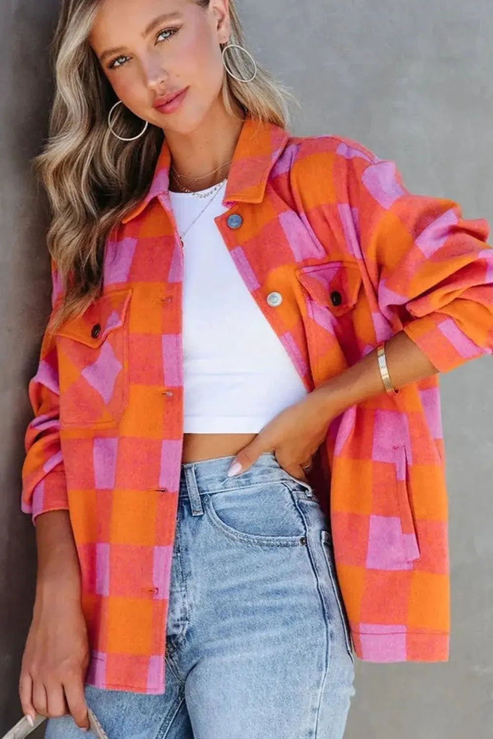 Plaid Collared Neck Button Up Jacket by Partner Label