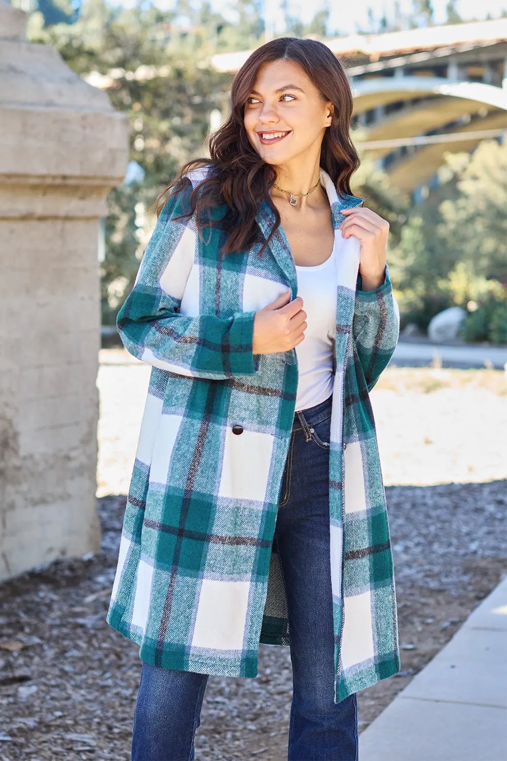 Double Take Full Size Plaid Button Up Lapel Collar Coat by Double Take