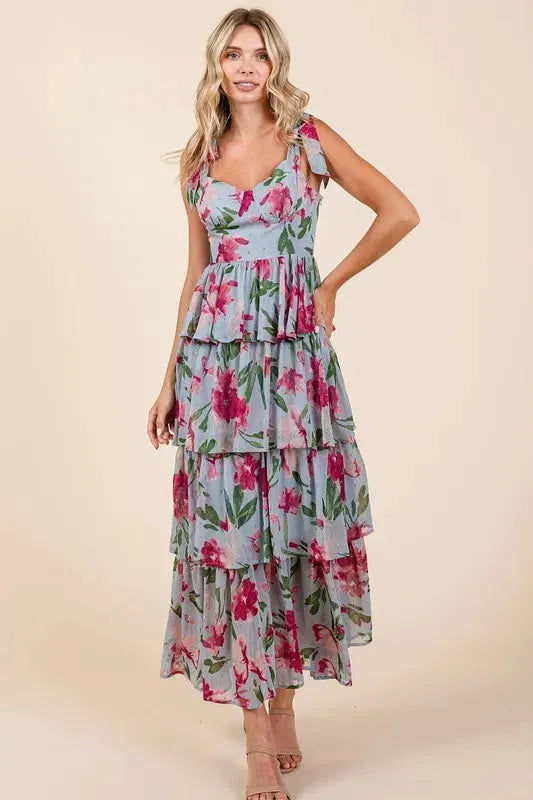 Mittoshop Layered Floral Sweetheart Neck Maxi Dress by Mittoshop