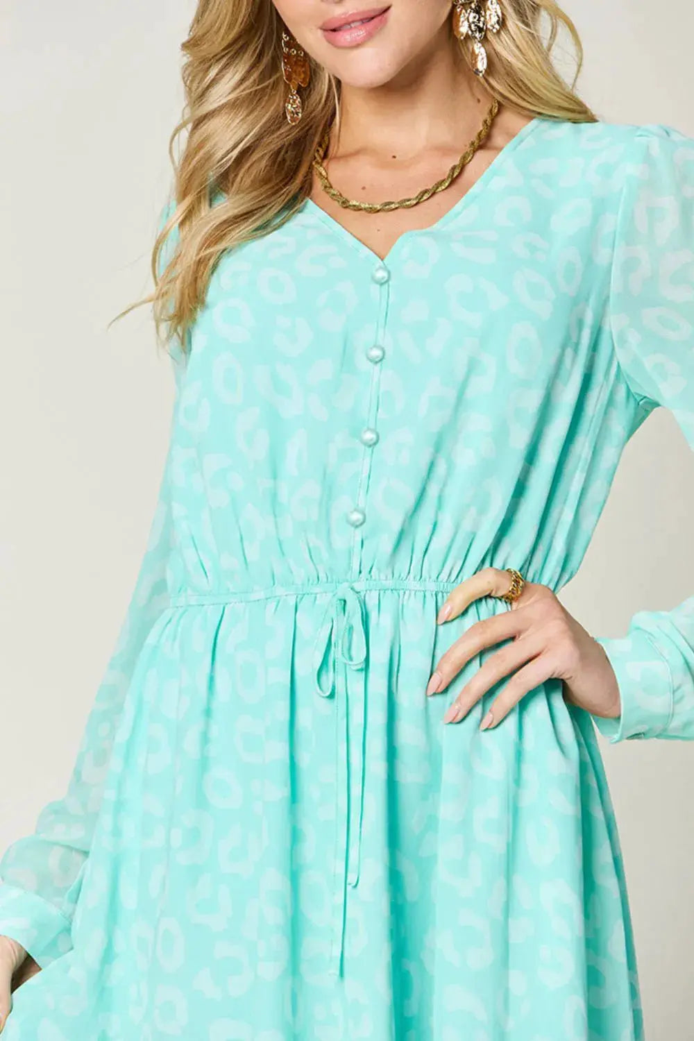 Double Take Full Size Printed Ruched V-Neck Long Sleeve Dress by Double Take