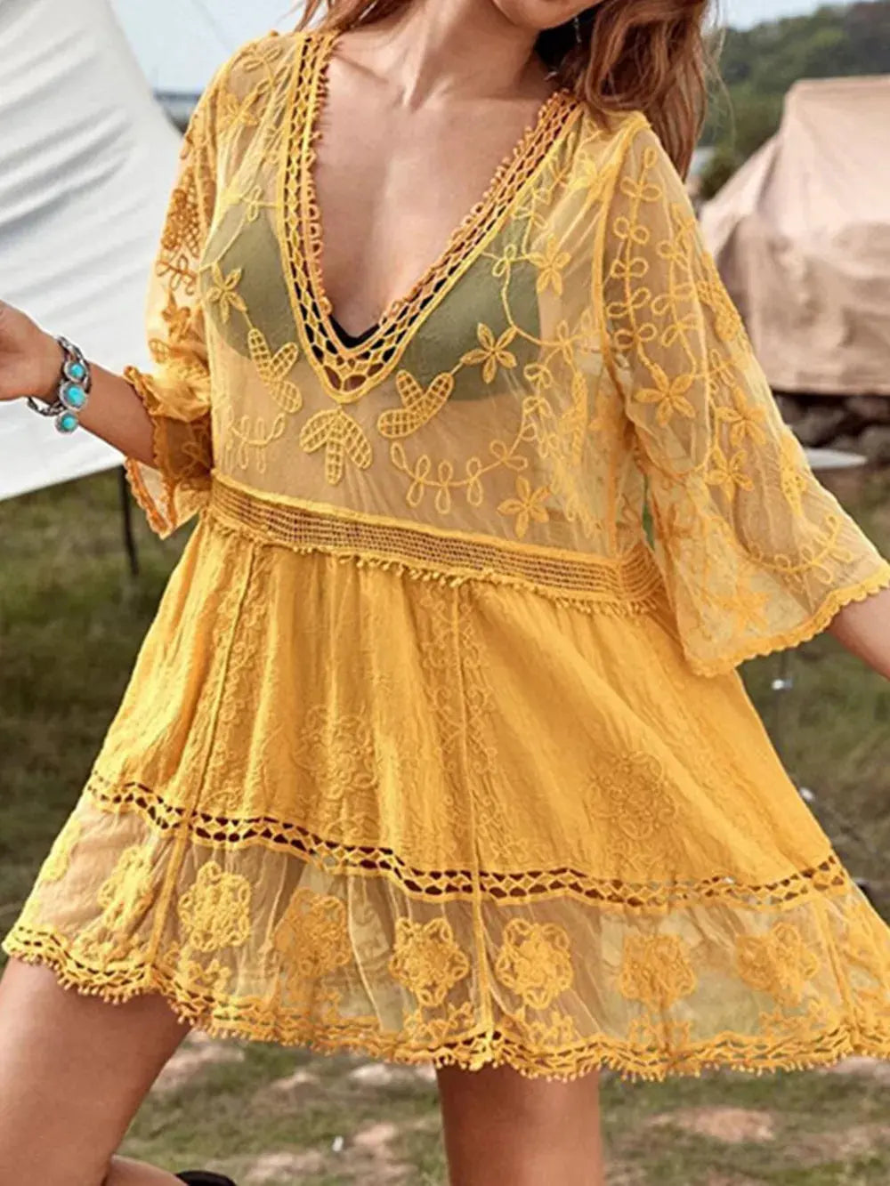 Lace Detail Plunge Cover-Up Dress by Partner Label