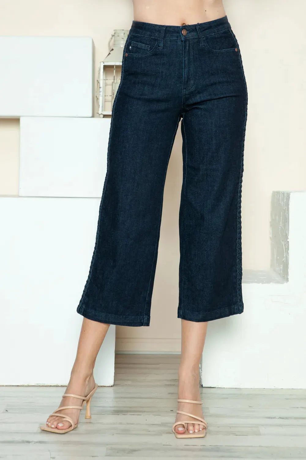 Judy Blue Full Size Side Seam Braid Detail Crop Wide Leg Jeans by Judy Blue