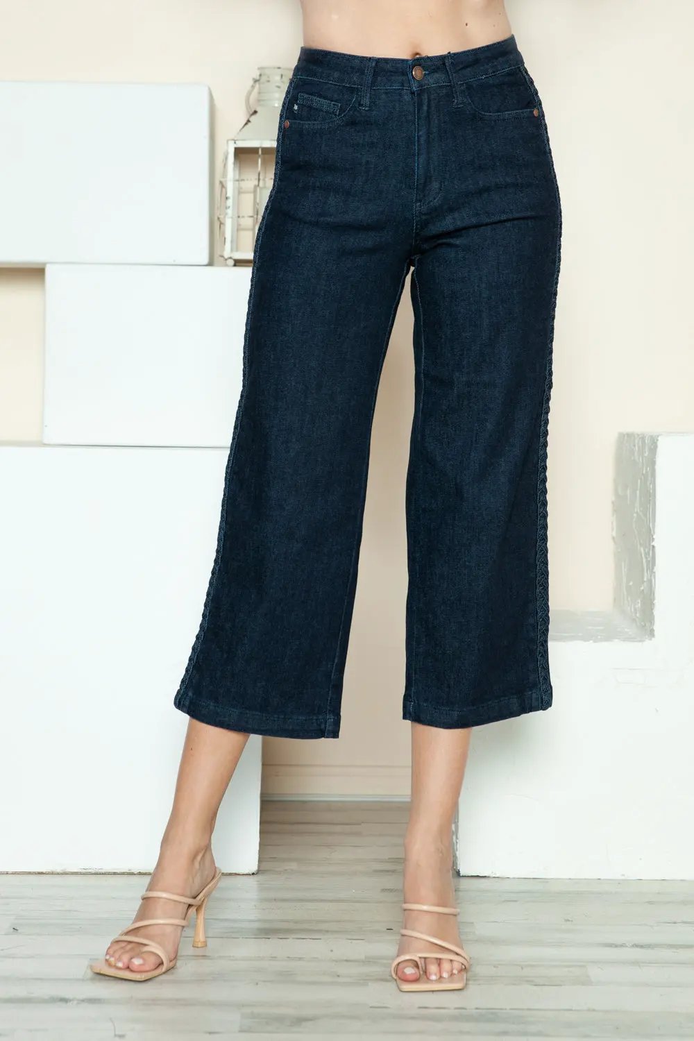 Judy Blue Full Size Side Seam Braid Detail Crop Wide Leg Jeans by Judy Blue
