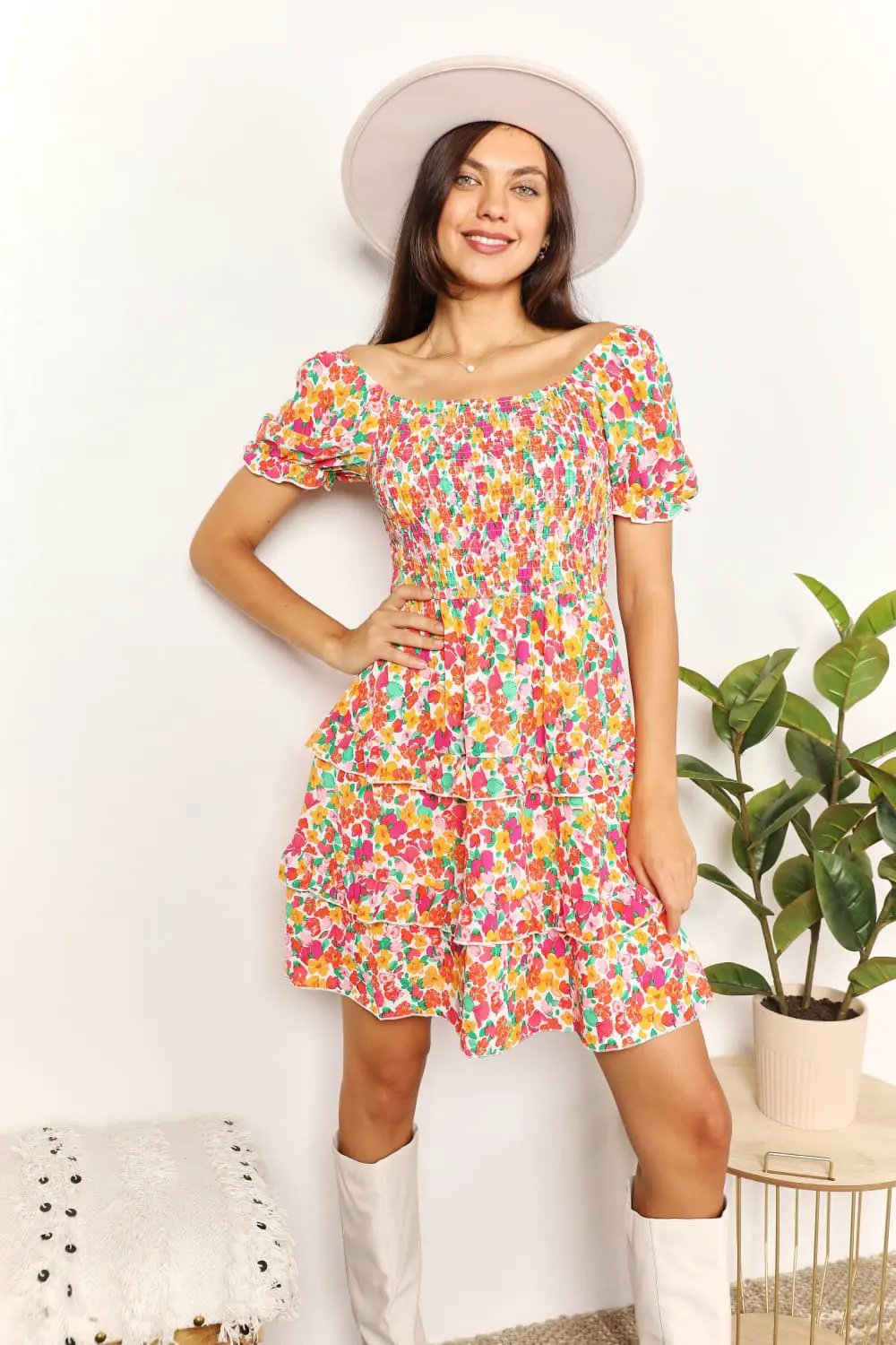 Devine Smocked Sweetheart Neck Flounce Sleeve Mini Dress by Double Take
