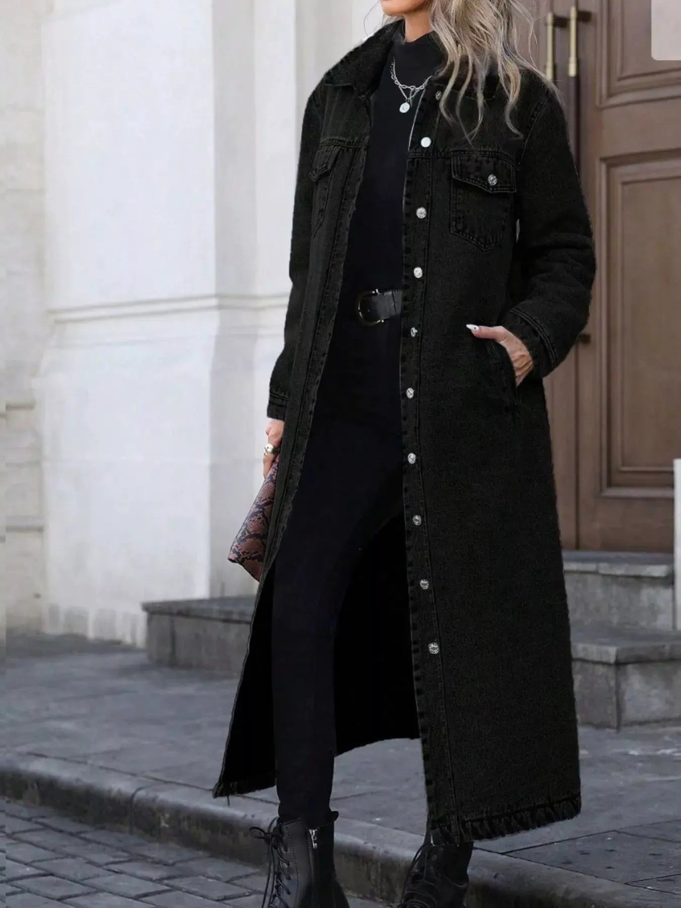 Longline Button-Front Denim Jacket by Partner Label